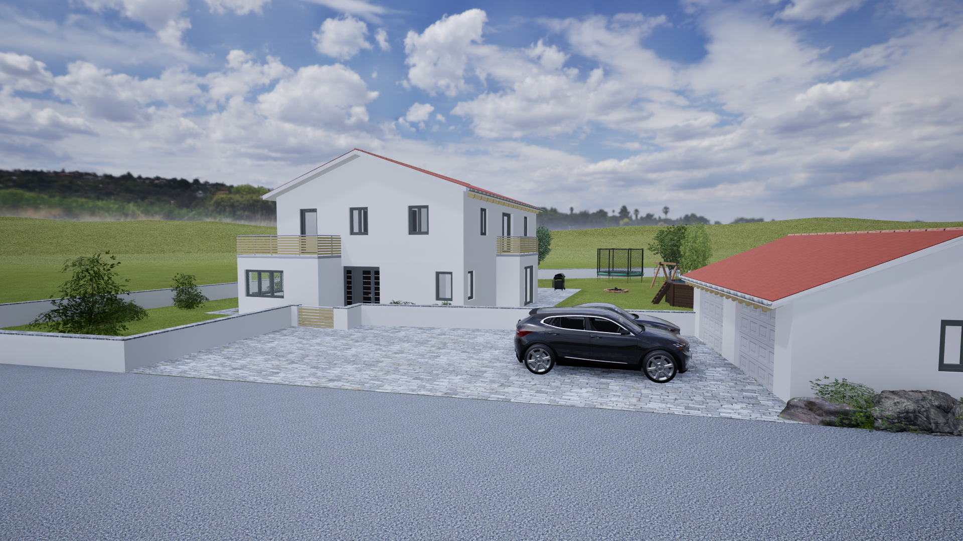 3D-Ansicht der Außenanlage mit Einfahrt und Garage