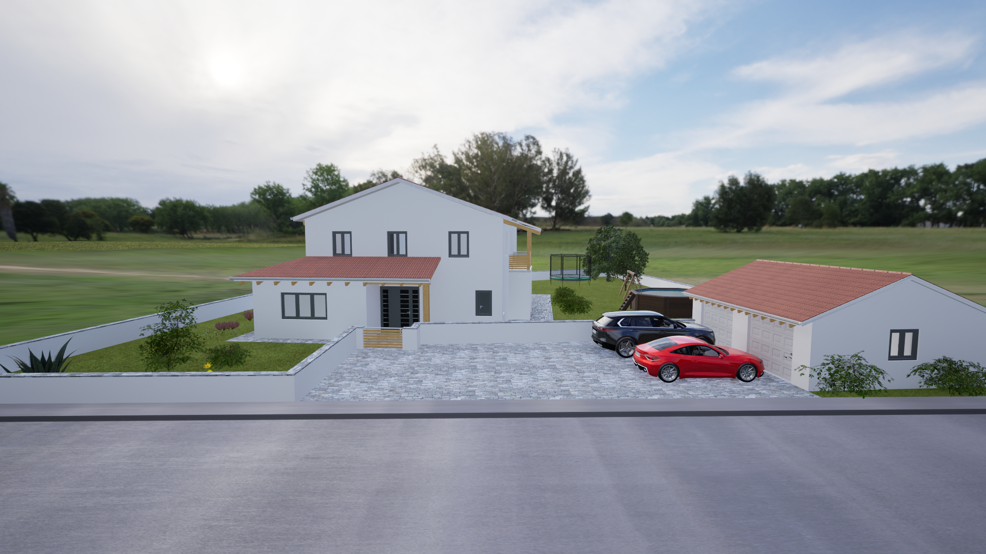Haus mit Weißputzfassade Visualisierung eines modernen Hauses mit eleganter Weißputz-Fassade, dargestellt im 3D-Rundgang
