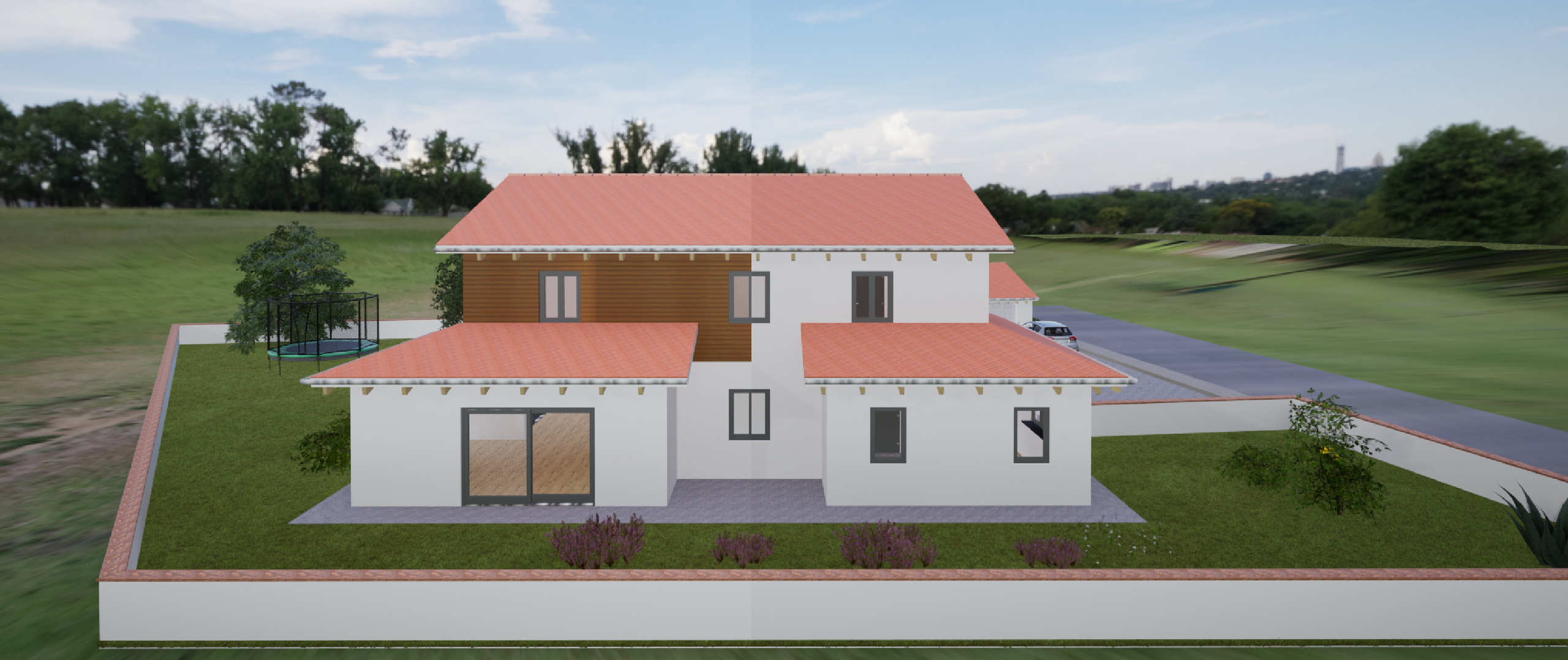 Visualisierung eines Hauses in zwei Varianten: Obergeschoss mit Holzfassade oder komplett weiß verputzt