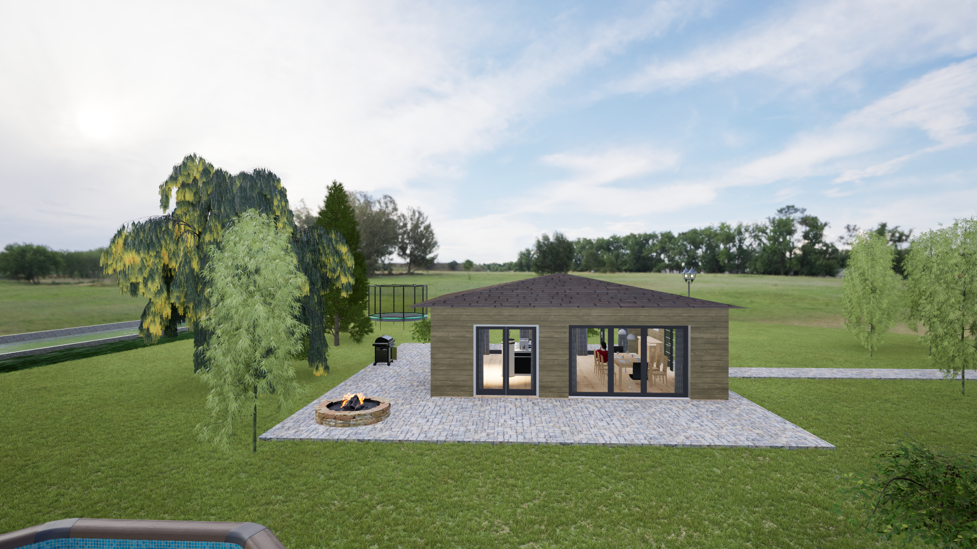 Virtueller-Rundgang-Hausplanung Virtueller 3D-Rundgang: modernes Haus mit Inselküche, Feuerstelle und großen Glasfronten